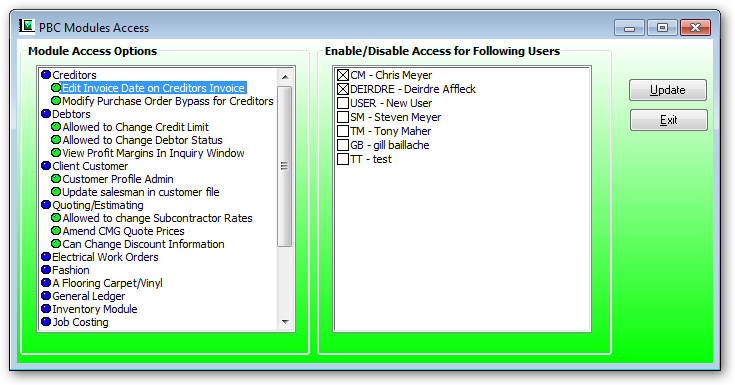 User acces in modulesAP_AR