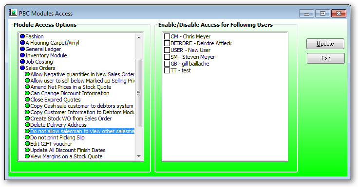 User acces in modulesOE